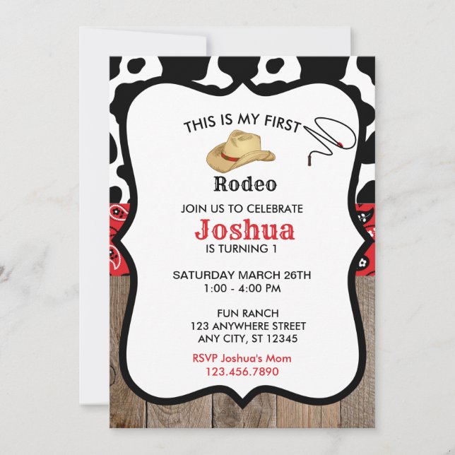 Invitación Red My First Rodeo Cowboy Western Birday (Anverso)