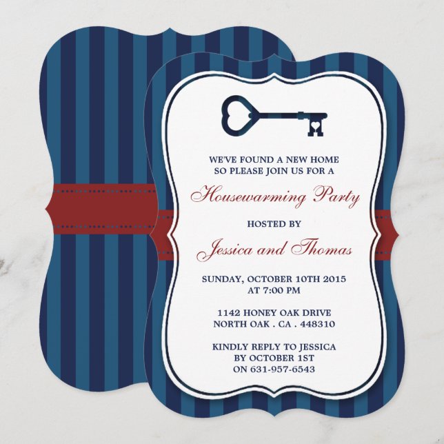 Invitación Red & Navy Stripe Heart Key Nuevo hogar Calentador (Anverso / Reverso)