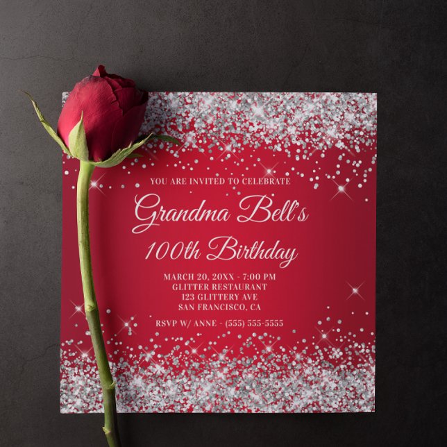 Invitación Red Ombre, Purpurina de Plata Parca, Cumpleaños 10 (Sparkly Silver Glitter Red Ombre Birthday Invitation)