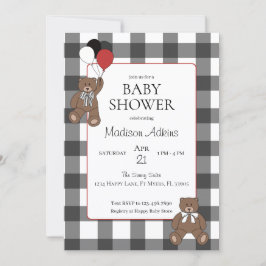 Invitación Red on Black Buffalo Check Teddy Bears Baby Shower