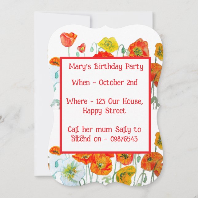 Invitación Red Orange Poppies Floral Girl Birthday Invitation (Anverso)