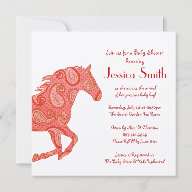 Invitación Red Paisley Horse Baby Shower (Anverso)