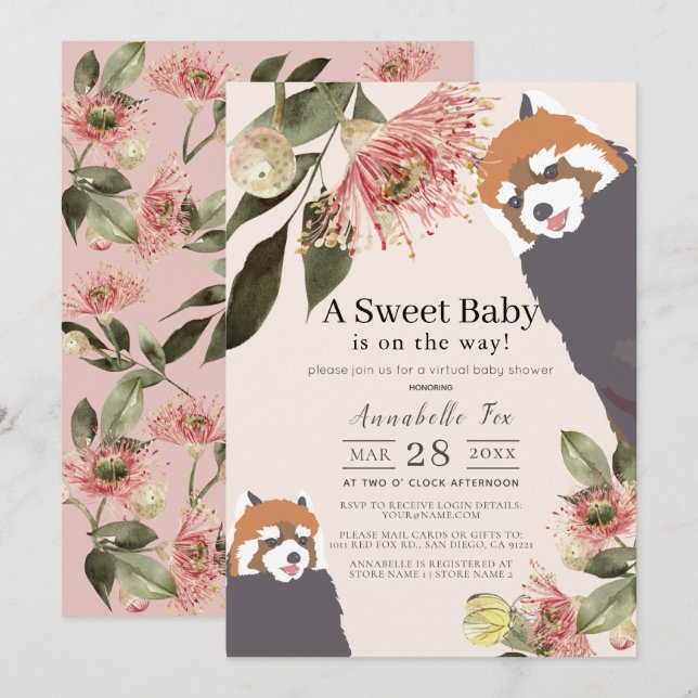 Invitación Red Panda Chica Floral Rosa Baby Shower virtual (Anverso / Reverso)