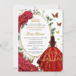 Invitación Red Peonies Floral Princesa Vestida Quinceañera