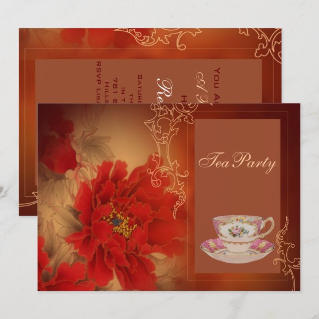 Invitación Red Peony Chino ducha de té fiesta (Anverso / Reverso)