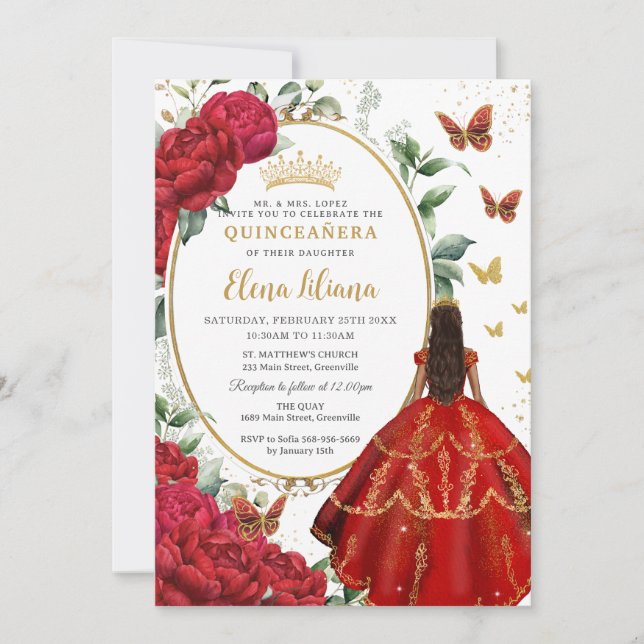 Invitación Red Peony Floral Brown Princess Vestido Quinceañer (Anverso)