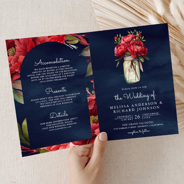 Invitación Red Peony Floral Mason Jar QR Code Navy Wedding (Subido por el creador)