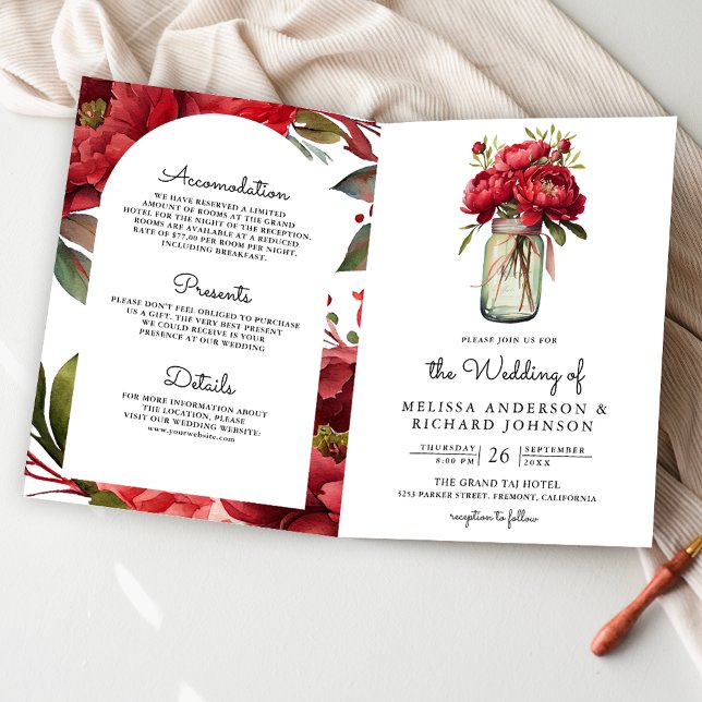 Invitación Red Peony Floral Mason Jar QR Code Wedding (Subido por el creador)