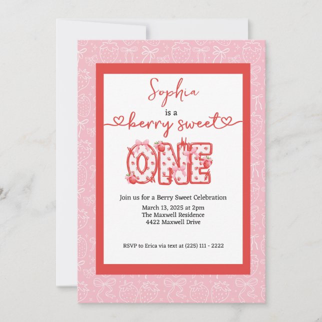 Invitación Red & Pink Berry Sweet One Girl 1st Birthday Party (Anverso)