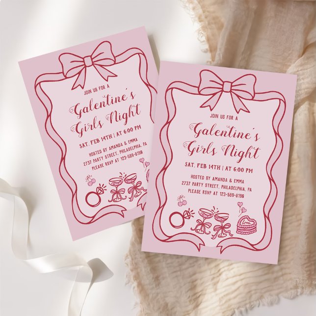 Invitación Red Pink Bow Galentine's Girls Night Party (Subido por el creador)