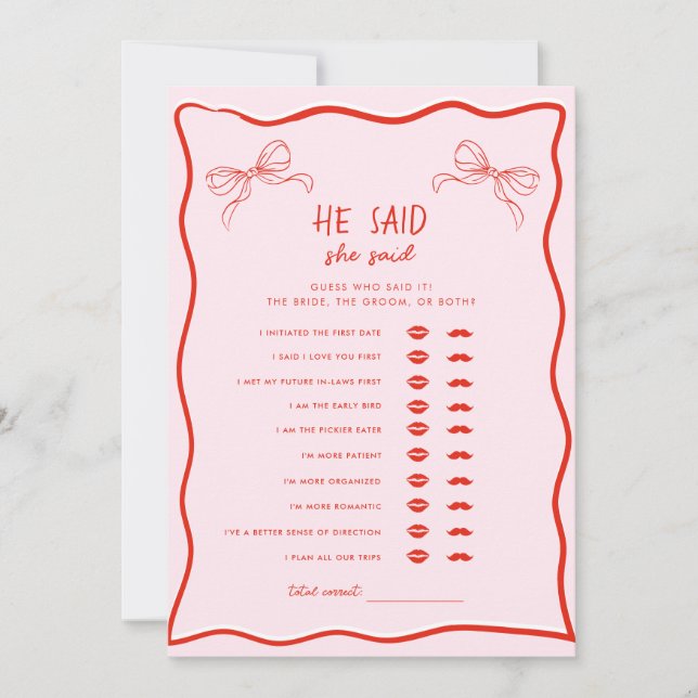 Invitación Red Pink Bow He Said She Said Bridal Shower Game (Anverso)