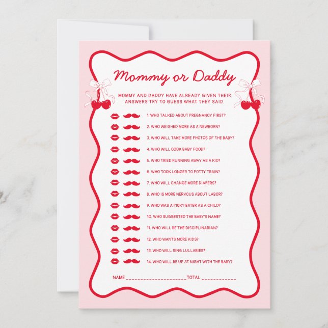 Invitación Red Pink Cherry Baby Shower Guess Mommy or Daddy (Anverso)