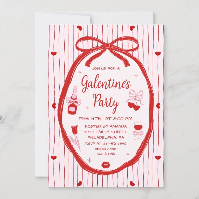 Invitación Red Pink Coquette Hand Drawn Galentine's Party  (Anverso)