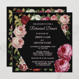 Invitación Red Pink Floral Greenery Black Rehearsal Dinner