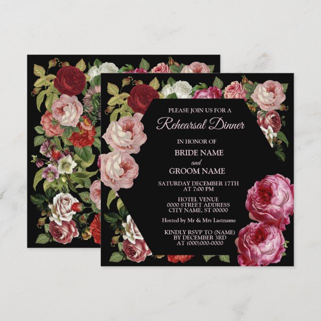 Invitación Red Pink Floral Greenery Black Rehearsal Dinner (Anverso / Reverso)