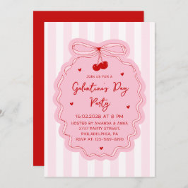 Invitación Red Pink Girly Coquette Bow Galentine's Day Party