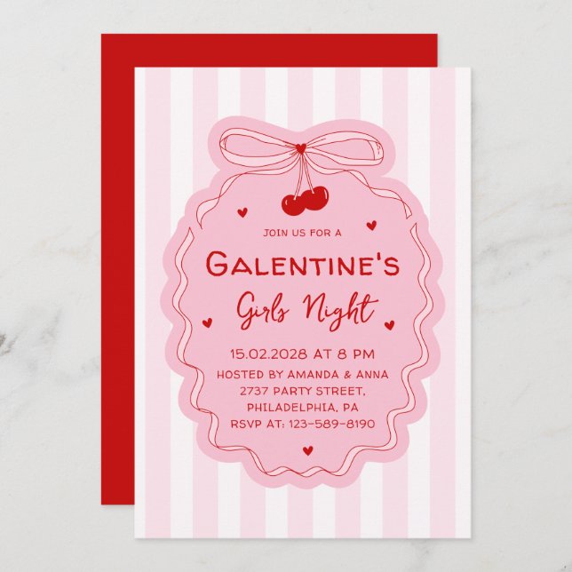 Invitación Red Pink Girly Coquette Bow Galentines Girls Night (Anverso / Reverso)