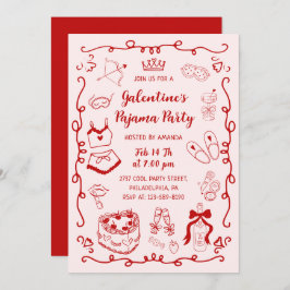 Invitación Red Pink Hand Drawn Galentine's Day Pajama Party