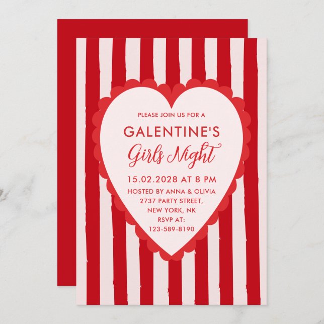 Invitación Red Pink Hand Drawn Galentine's Girls Night Party (Anverso / Reverso)