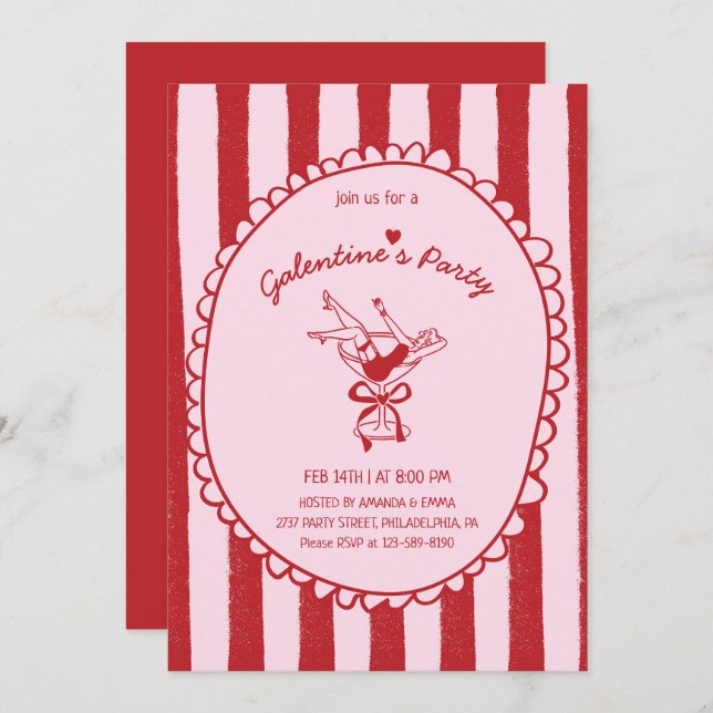 Invitación Red Pink Hand Drawn Galentine's Party (Anverso / Reverso)