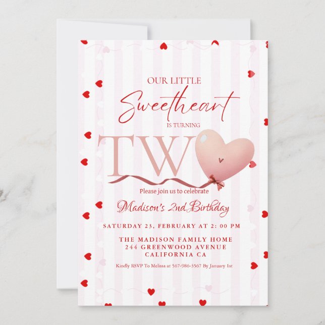 Invitación Red Pink Heart Valentine's Day Sweetheart Birthday (Anverso)