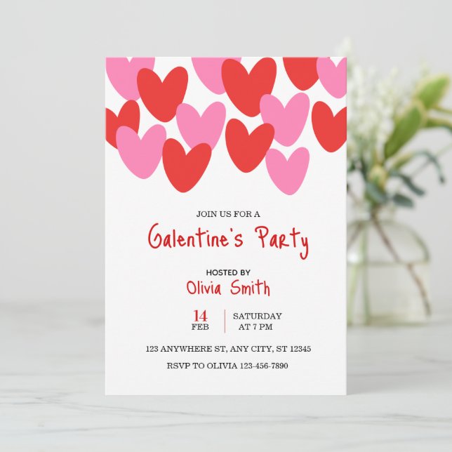 Invitación red pink hearts Galentine’s Day invitation, hearts (Anverso de pie)