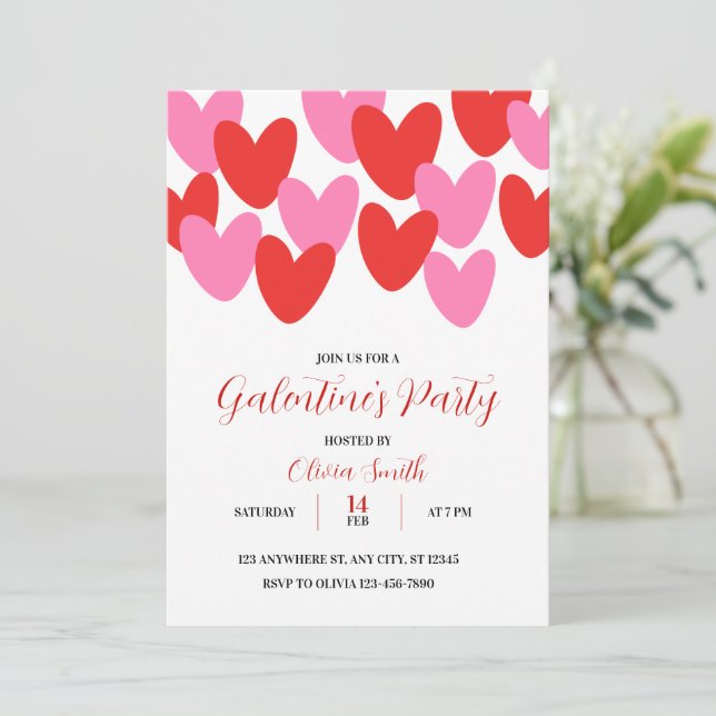 INVITACIÓN RED PINK HEARTS GALENTINES DAY PARTY INVITATION (Anverso de pie)