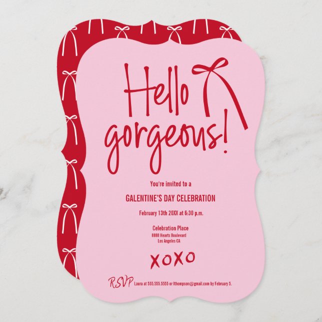 Invitación Red Pink Hello Gorgeous bow doodle Galentine’s (Anverso / Reverso)