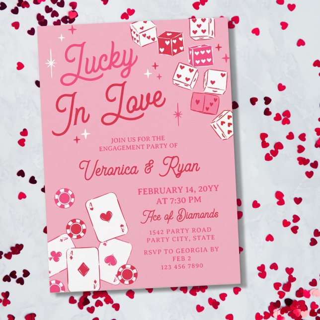 Invitación Red Pink Lucky In Love Dice Cards Engagement Party (Subido por el creador)