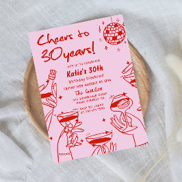 Invitación Red Pink Retro Hand Drawn Funky 30 cumpleaños