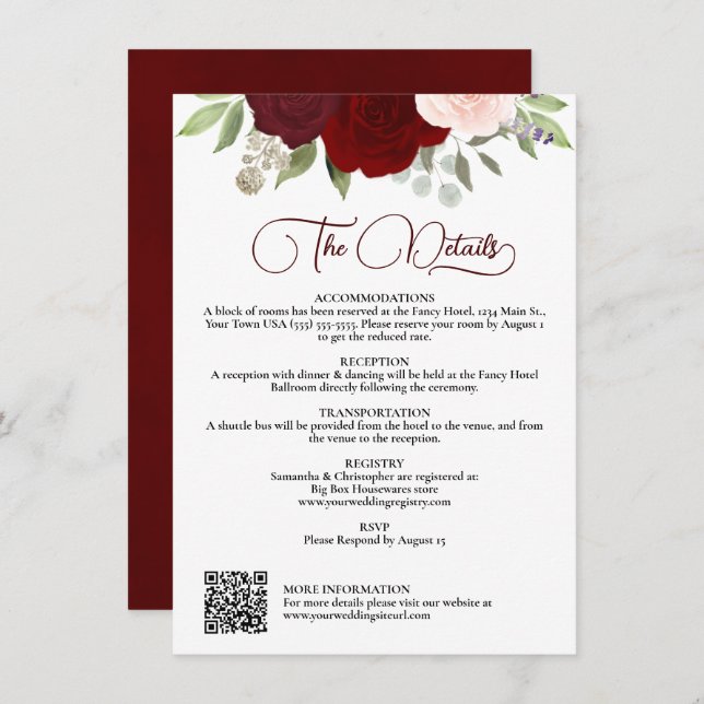 Invitación Red & Pink Roses Downloadable QR Wedding Details (Anverso / Reverso)
