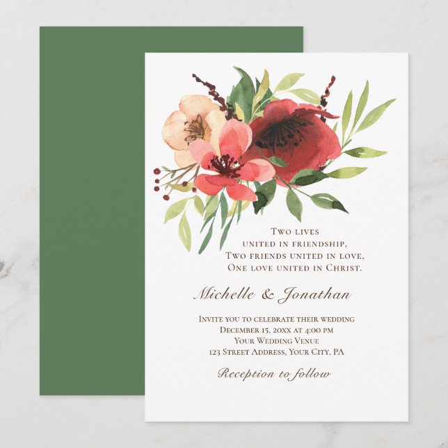 Invitación Red Pink Rubor Floral Garden Boda cristiana (Anverso / Reverso)