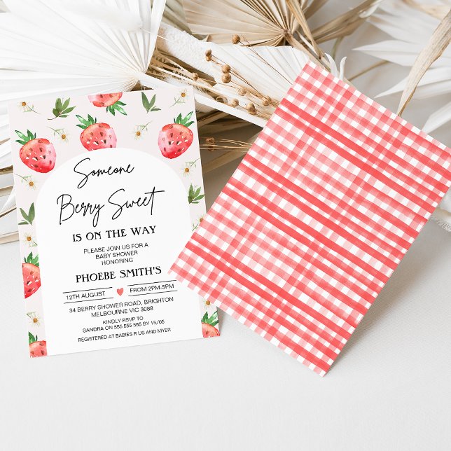 Invitación Red Pink Strawberry Daisy Berry Sweet Baby Shower (Girls Someone Berry Sweet is on the Way Baby Shower Invitation, Arch, Strawberry Strawberries Daisy)