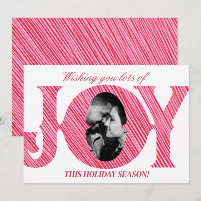 Invitación Red & Pink Stripe Holiday JOY Photo Christmas Card (Anverso / Reverso)