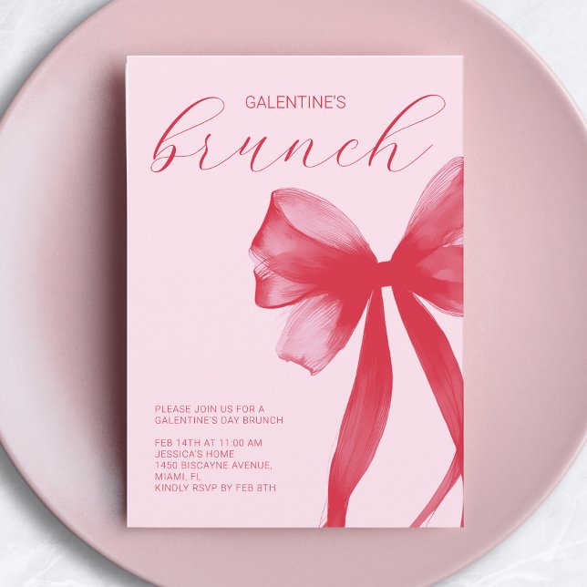 Invitación Red Pink Watercolor Bow Galentine’s Friends Brunch (Red Pink Watercolor Bow Galentine’s Friends Brunch Invitation)