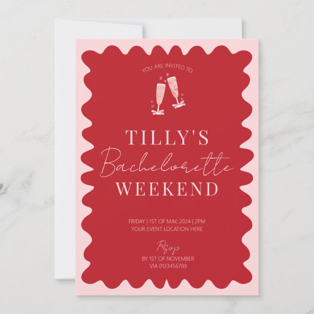 Invitación Red Pink Wavy Hen Bachelorette Weekend Itinerario (Anverso)