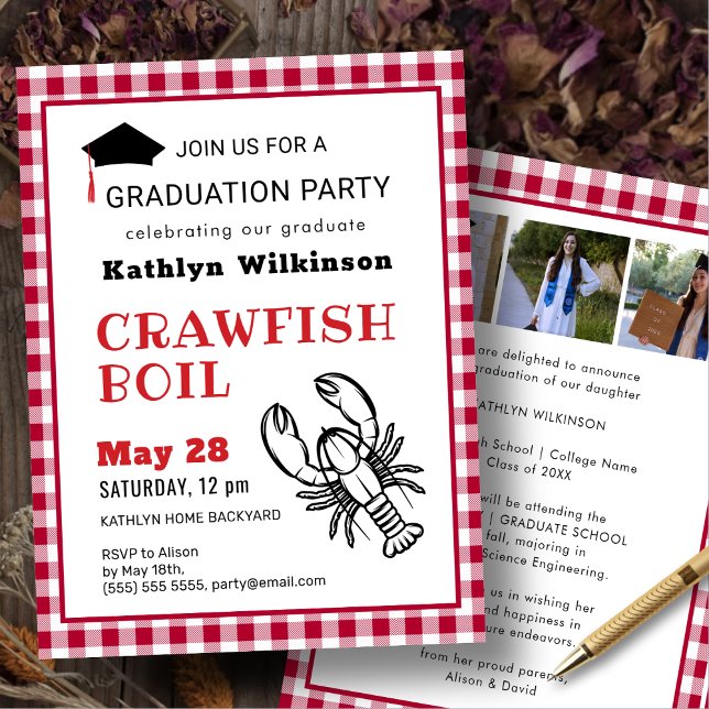 Invitación Red Plaid Crawfish Boil 3 Partido de Graduación Fo (Subido por el creador)
