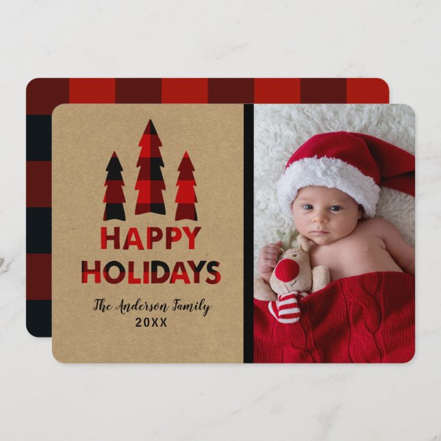 Invitación Red Plaid Happy Holidays Christmas Trees Kraft (Anverso / Reverso)