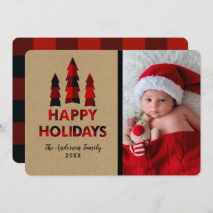 Invitación Red Plaid Happy Holidays Christmas Trees Kraft