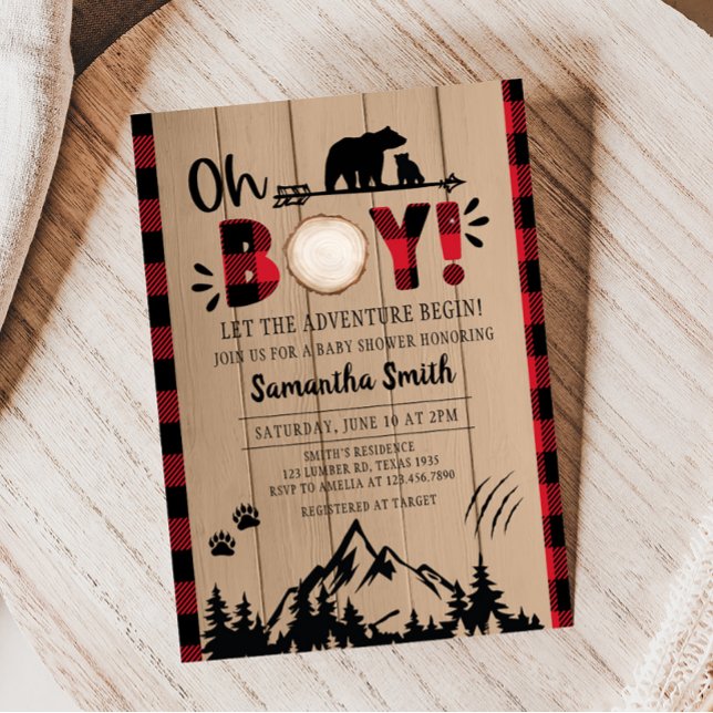 Invitación Red Plaid Lumberjack Baby Shower (Red Plaid Bear Baby Shower Invitation)