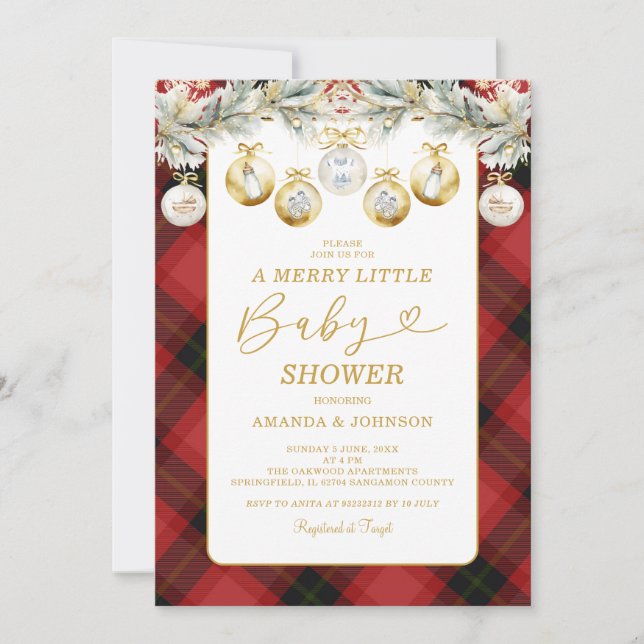 Invitación Red Plaid Navidades Ornamates Gold Baby Shower (Anverso)