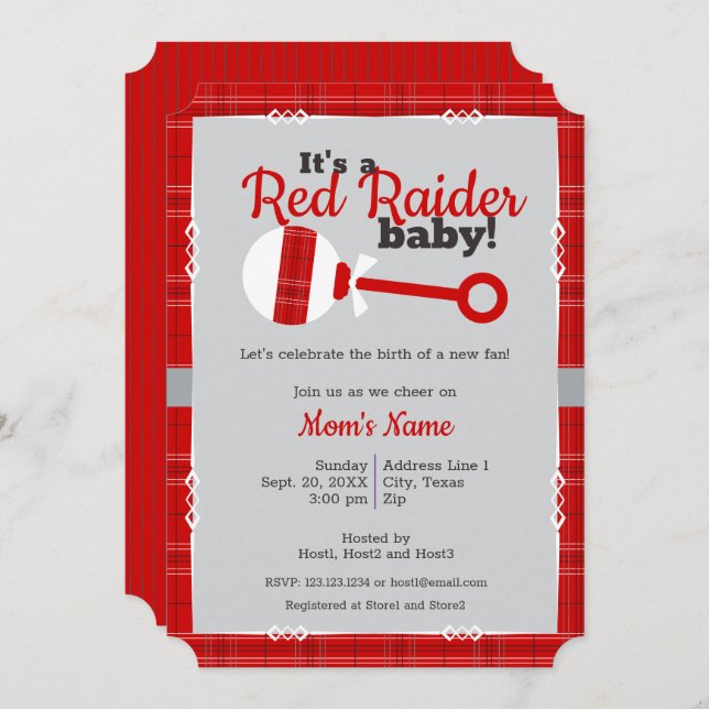 Invitación Red Plaid Rattle Raider Baby Shower (Anverso / Reverso)