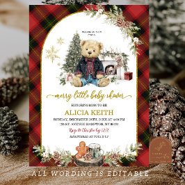 Invitación Red Plaid Tartan Christmas Luxury Boy Bear