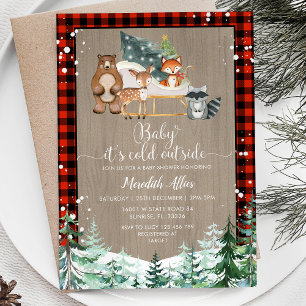 Invitación Red Plaid Woodland Lumberjack Snowy Baby Shower