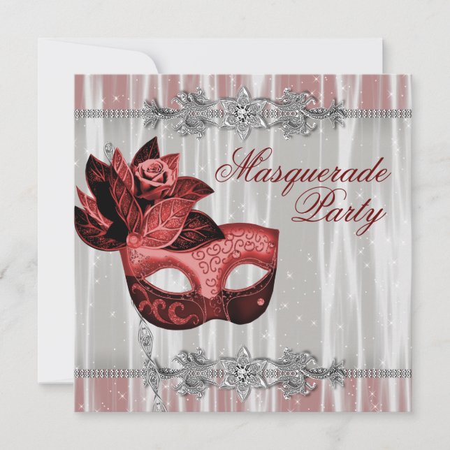 Invitación Red plateado esparce Fiesta de mascarada roja (Anverso)