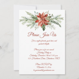 Invitación Red Poinsettia and Evergreens Christmas Party