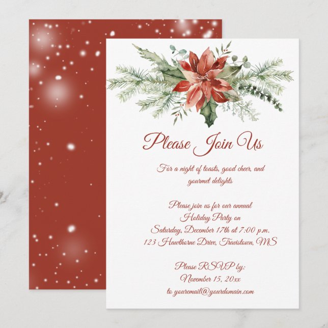 Invitación Red Poinsettia and Evergreens Christmas Party (Anverso / Reverso)