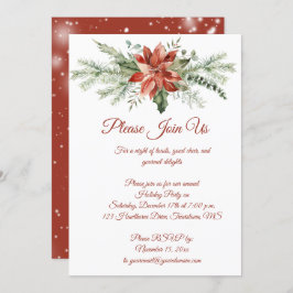 Invitación Red Poinsettia and Evergreens Christmas Party