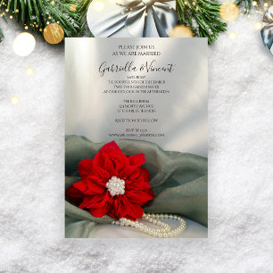 Invitación Red Poinsettia and Pearls on Green Winter Wedding