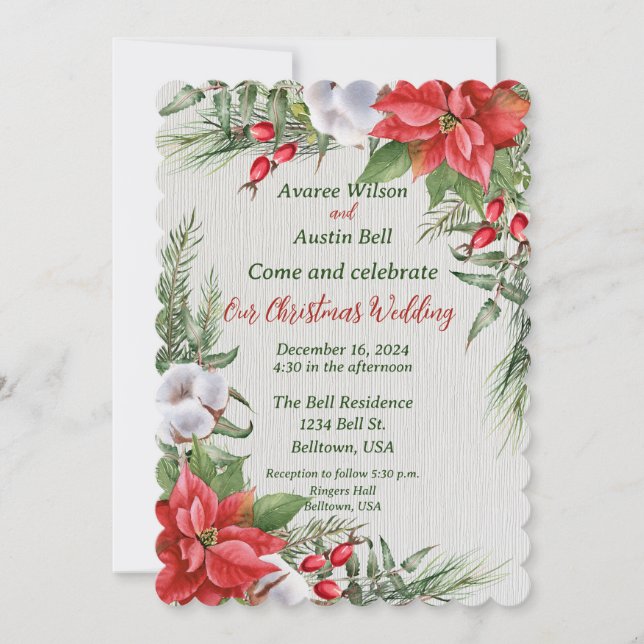 Invitación Red Poinsettia Green deja a Boda de Navidades (Anverso)